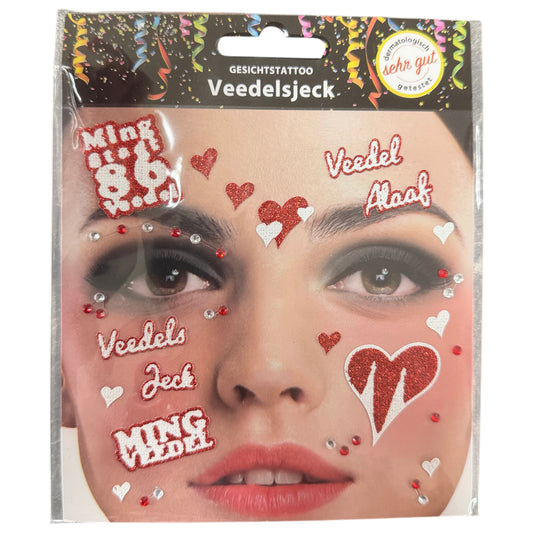 Gesichtstattoos „Veedelsjeck“ in Rot-Weiß mit Schriftzügen, Herzen und Strasssteinen für Karneval