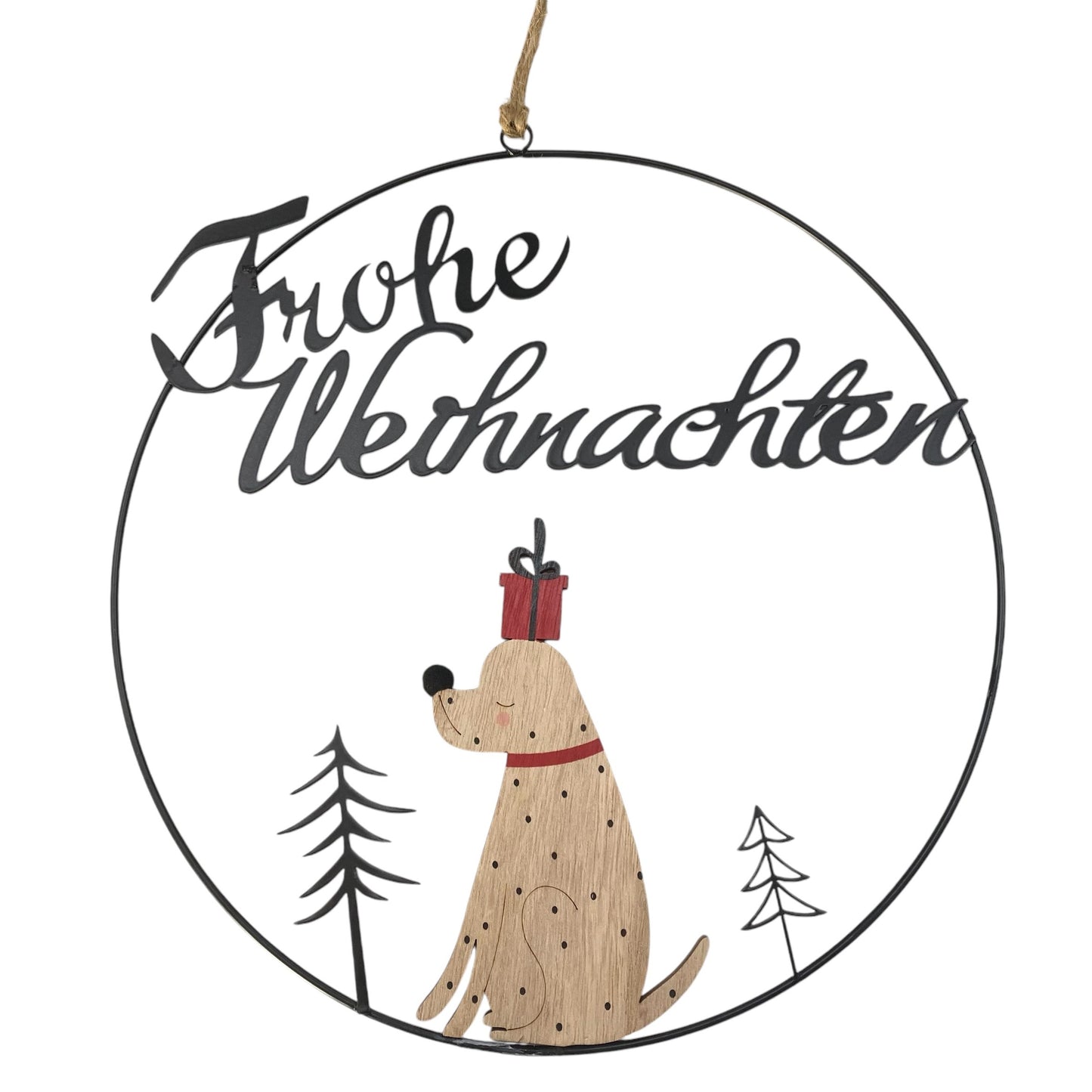 Türkranz aus Metall "Frohe Weihnachten" mit einem Holzhund vor weißem Hintergrund