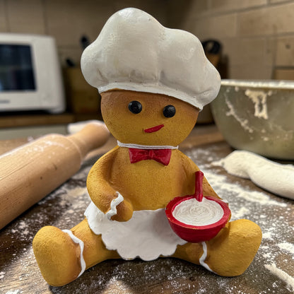 Eine Dekofigur in Form einer Lebkuchenfigur in Braun mit weißer Schürze und roter Schleife sowie roter Schüssel, platziert auf einer bemehlten Arbeitsfläche mit Nudelholz und Schüssel im Hintergrund.