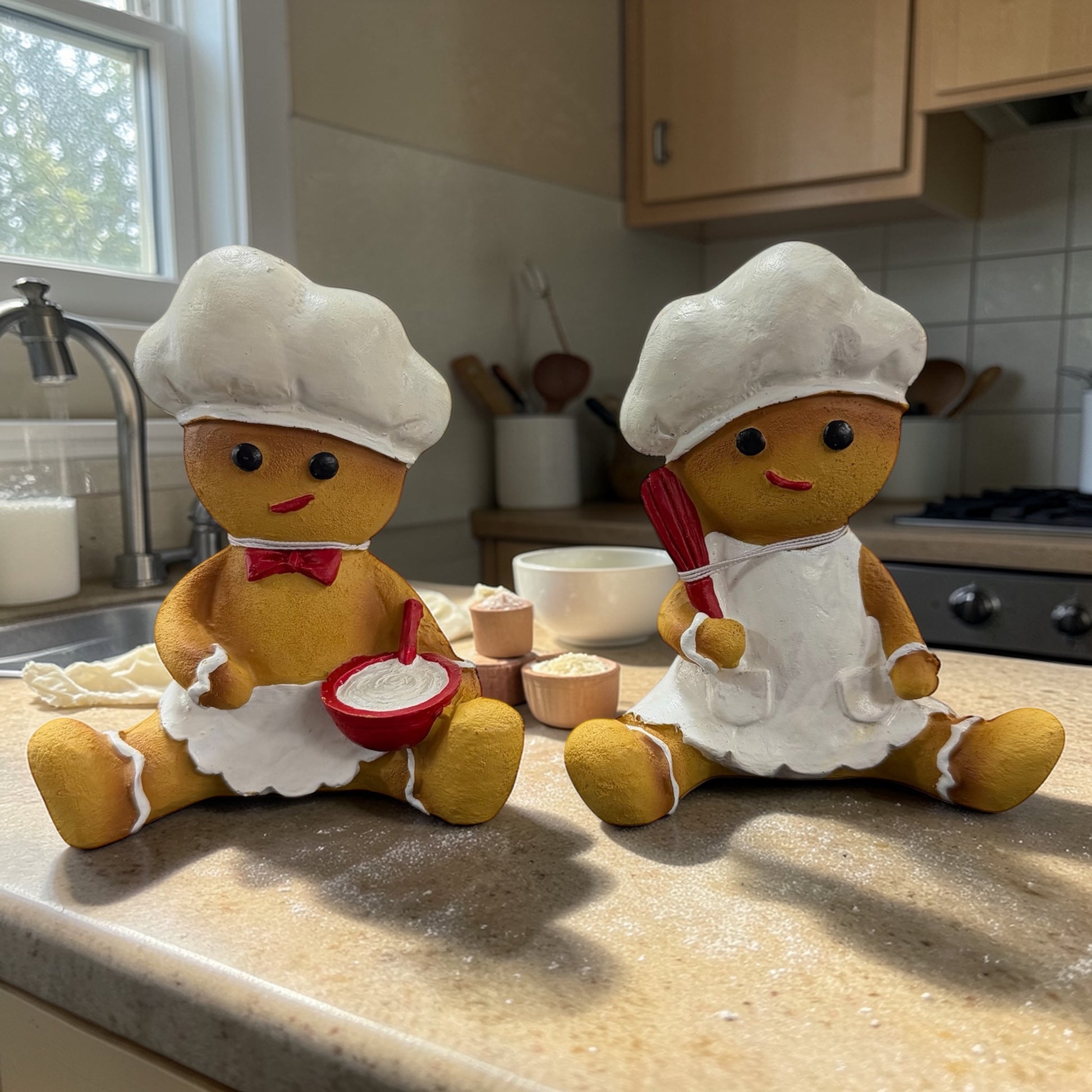 Zwei Dekofiguren in Form von Lebkuchenfiguren in Braun mit weißen Kochmützen und Schürzen sowie roten Details, platziert auf einer hellen Küchenarbeitsplatte mit Schüsseln und Küchenutensilien im Hintergrund.