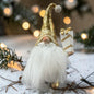 Ein Wichtel mit goldener Mütze und Schuhen sowie langem weißen Bart hält ein Geschenk und steht in einer winterlichen Dekoration mit warmen Lichtern.
