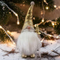 Ein Wichtel mit goldener Mütze und weißem Bart hält einen kleinen Tannenbaum und steht in einer winterlichen Szene mit Tannenzweigen und Lichterkette.