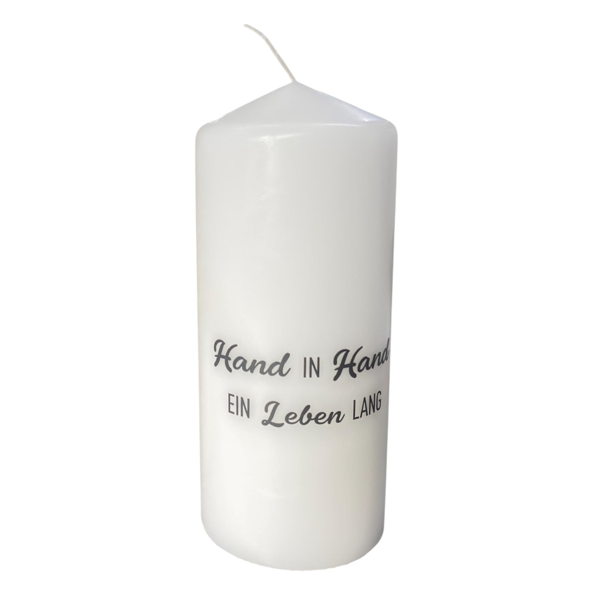 Hochzeitskerze mit Spruch „Hand in Hand ein Leben lang“ 