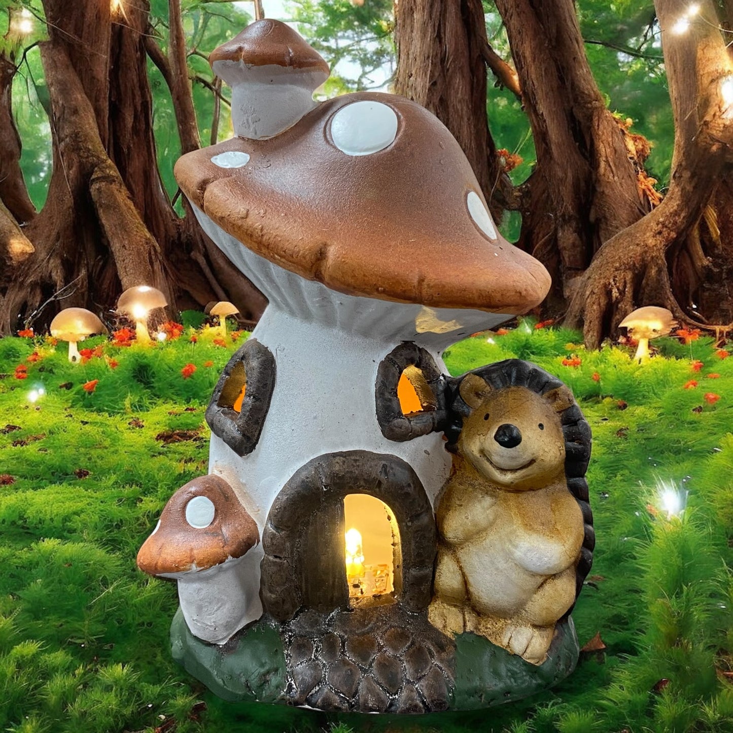 Braunes Pilzhaus mit Igel und LED-Beleuchtung, liebevoll gestaltete Herbstdekoration im Wald mit Pilzen und Moos.

