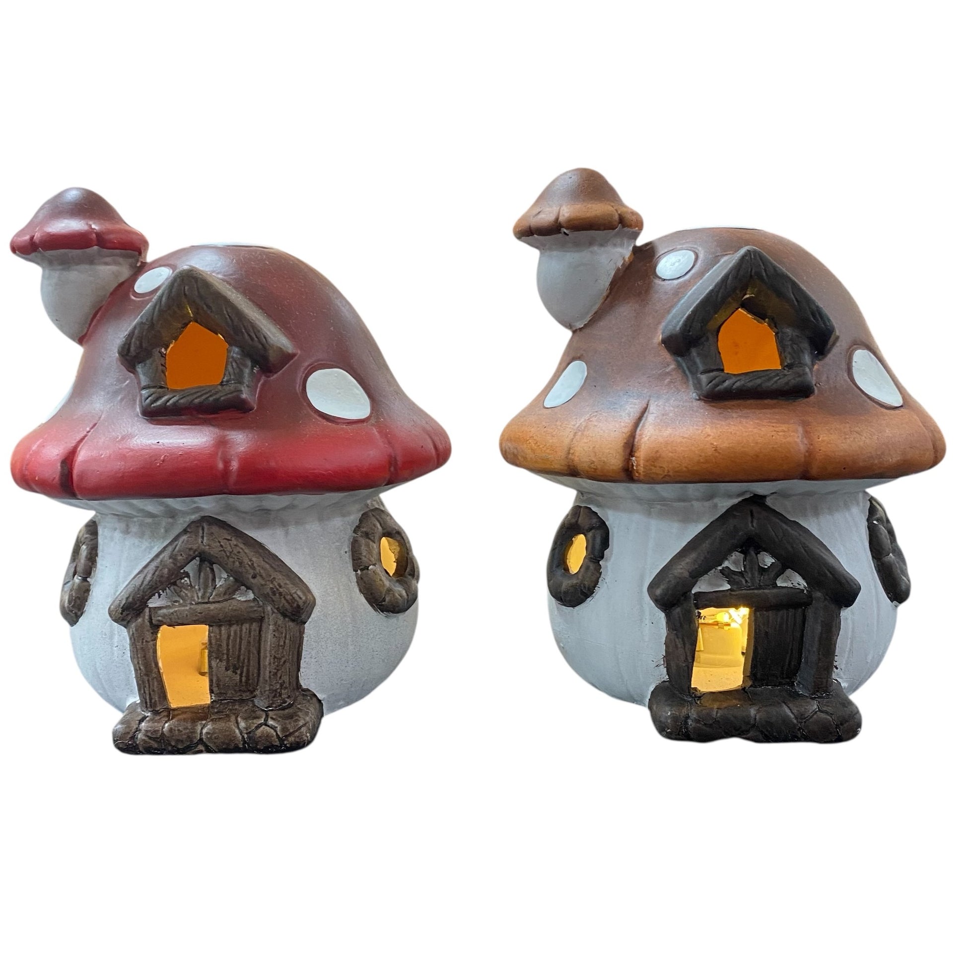 Zwei herbstliche Pilzhäuser in Rot und Braun mit LED-Beleuchtung, liebevoll gestaltete Dekofiguren für Innen und Außen.