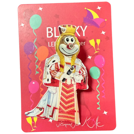 Karneval Anstecker Schmitzens Clown Dreigestirn Jungfrau in rot-weißer Tracht auf roter Karte