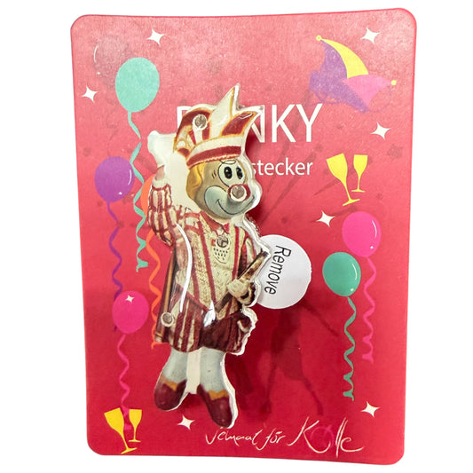 Karneval Anstecker Schmitzens Clown Dreigestirn Prinz mit Zepter auf roter Karte