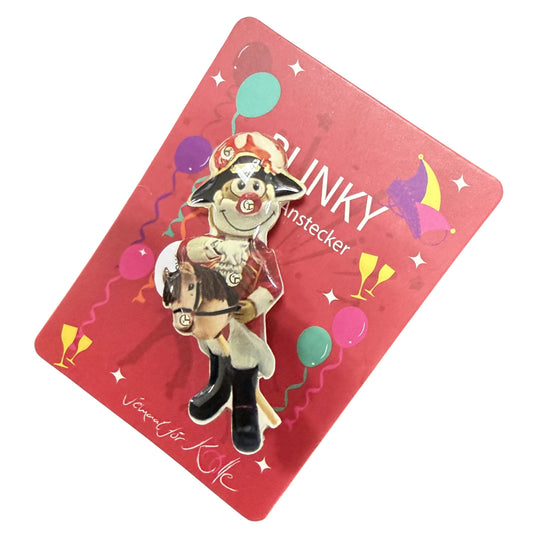 Karneval Anstecker Schmitzens Clown Reiterkorps mit Pferd auf roter Karte mit Ballonmotiven