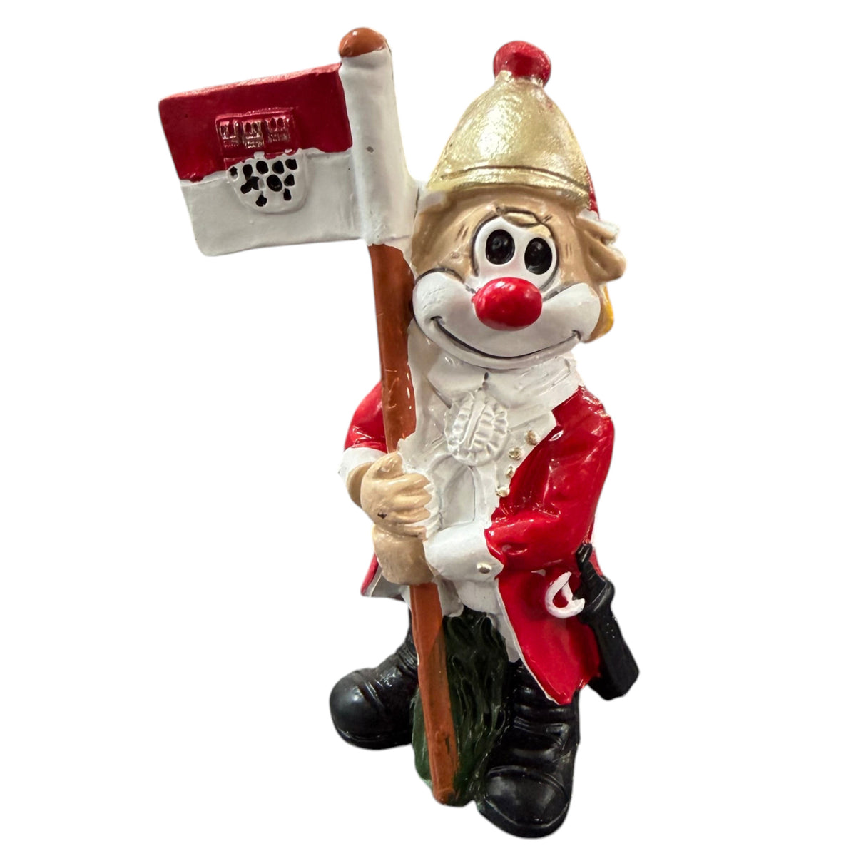 Karneval Deko Clown Die Schmitzens Fahnenträger mit rot-weißer Fahne auf weißem Hintergrund