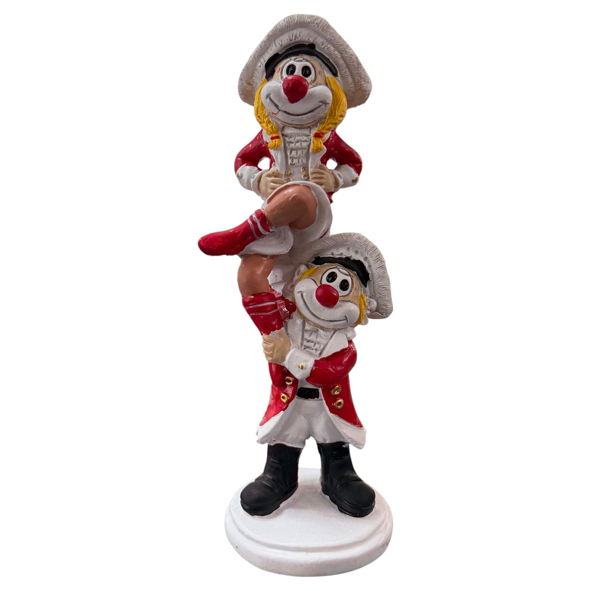 Karneval Deko Clown Die Schmitzens Hebefigur 16 cm mit zwei übereinander dargestellten Clowns auf weißem Hintergrund