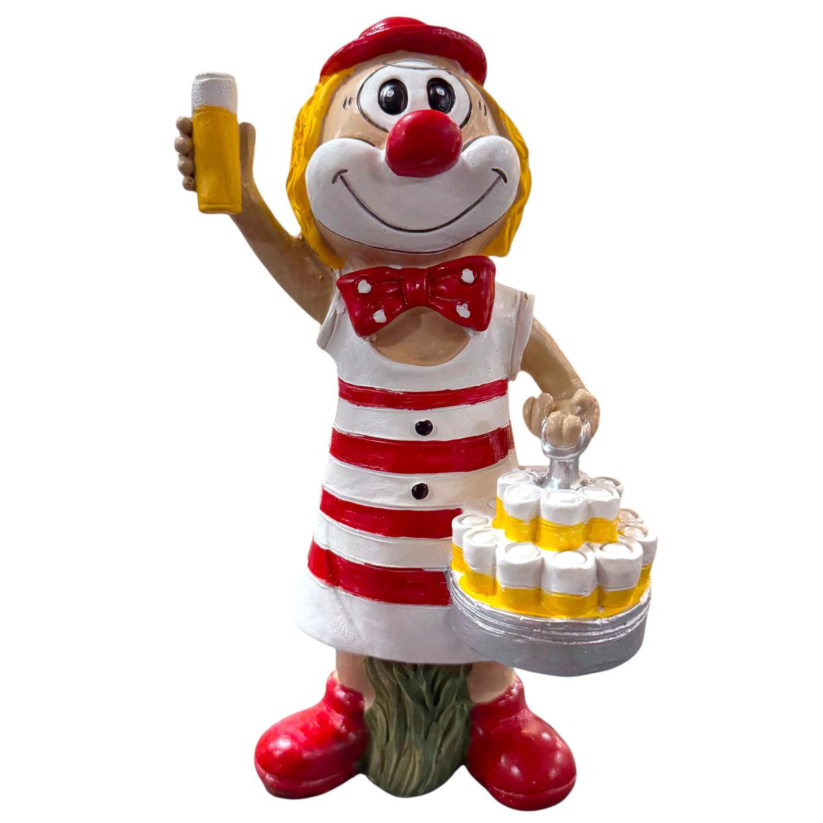 Karneval Deko Clown Die Schmitzens Köbes 20 cm mit Kölschglas und Tablett auf weißem Hintergrund