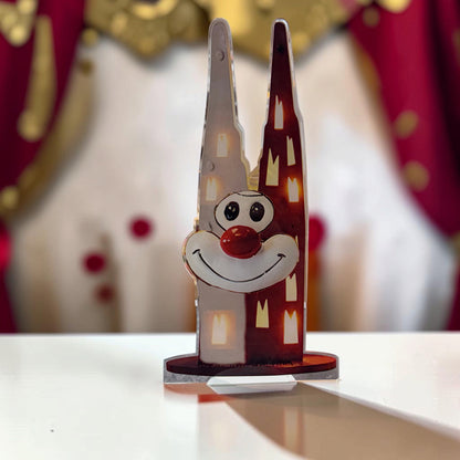 Schmitzens Karneval Deko Lampe mit Kölner Dom Motiv, Clownsgesicht und rot-weißer LED-Beleuchtung vor karnevalistischem Hintergrund.