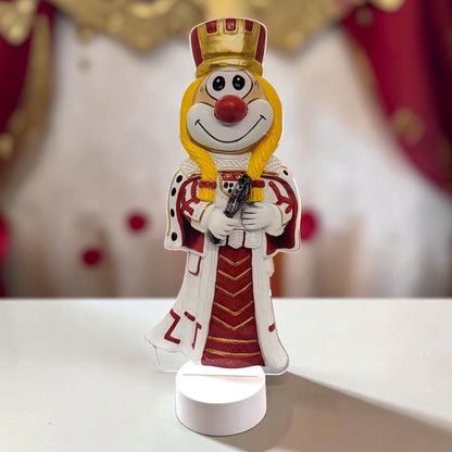 Schmitzens Karneval Deko Lampe Jungfrau in Rot, Weiß und Gold mit weißem Sockel auf weißem Hintergrund.