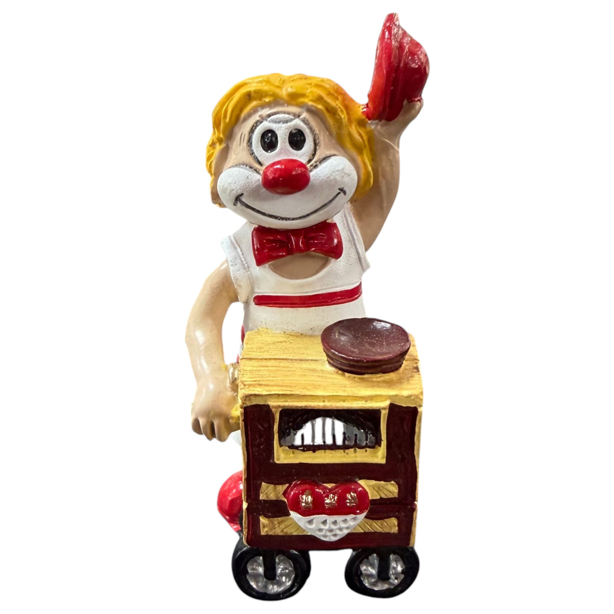 Karneval Deko Clown Die Schmitzens Leierkasten mit rotem Leierkasten auf weißem Hintergrund