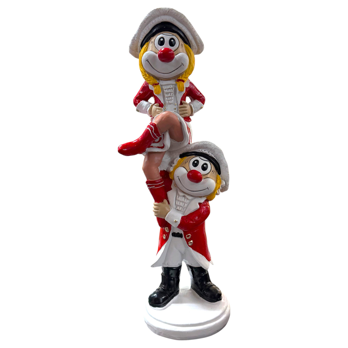 Karneval Deko Clown Die Schmitzens Hebefigur 34 cm mit zwei übereinander dargestellten Clowns auf weißem Hintergrund.