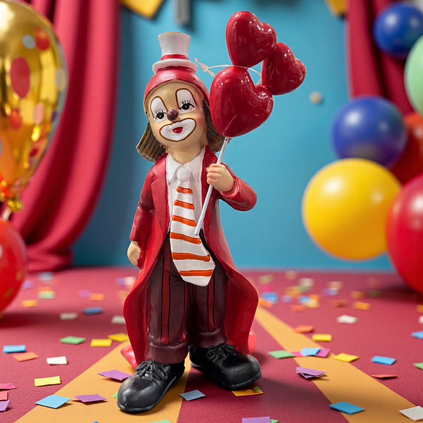 Dekorative Clownfigur mit rotem Mantel, weißem Hemd und gestreifter Krawatte, hält drei rote herzförmige Ballons, platziert in einer bunten Karnevals- oder Zirkusumgebung.