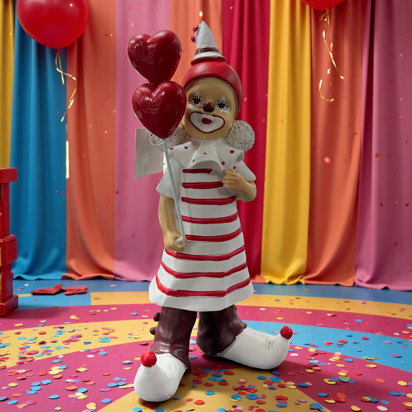 Karneval-Dekoration Clownfigur in Rot und Weiß mit gestreiftem Kleid, roter Mütze und zwei herzförmigen Ballons, stehend auf buntem Boden mit Konfetti vor farbigen Vorhängen.
