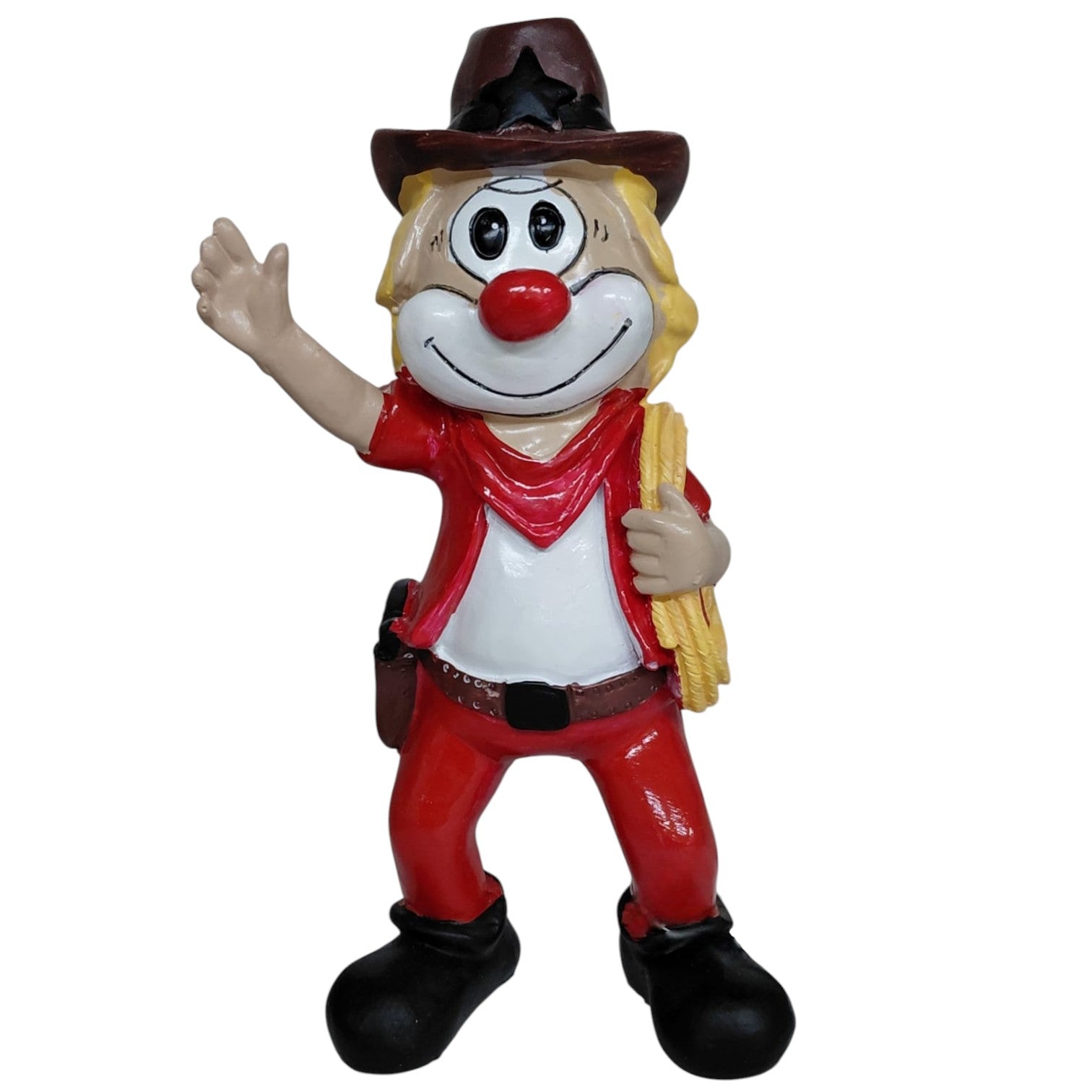 Clown-Dekofigur im Cowboy-Stil mit Hut und Lasso, rot-weiße Kleidung, freistehend vor weißem Hintergrund