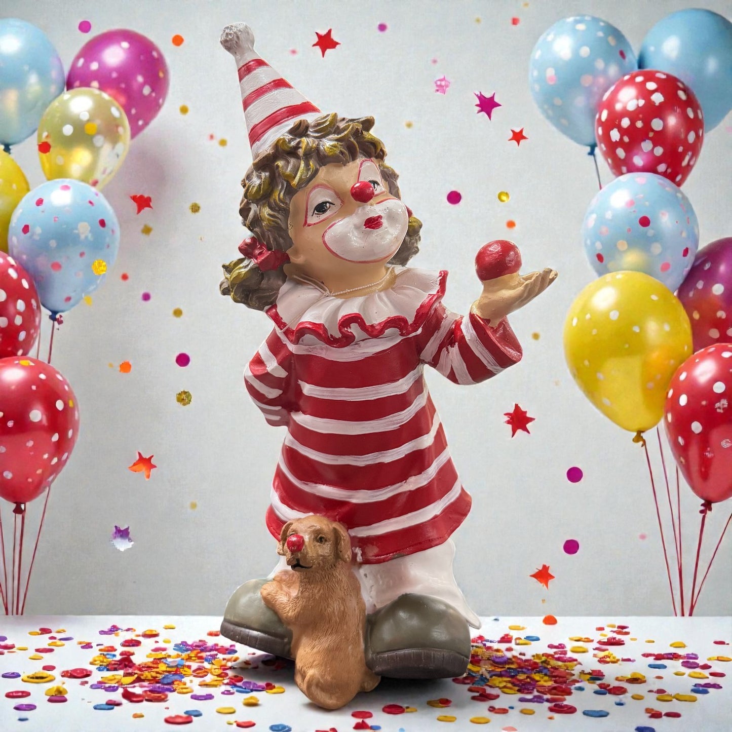 Clown-Dekofigur in rot-weißem Ringel Kleid und Zipfelmütze mit geschminktem Gesicht, kleinem Hund und Ball in Hand