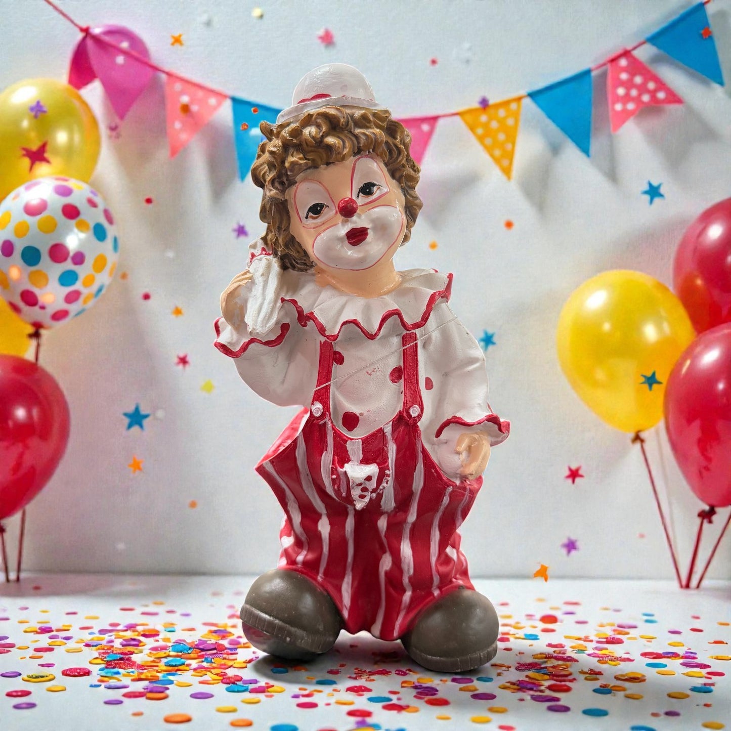 Clown-Dekofigur in rot-weißer Ringel-Latzhose mit geschminktem Gesicht, weißem Hut und Regelschirm