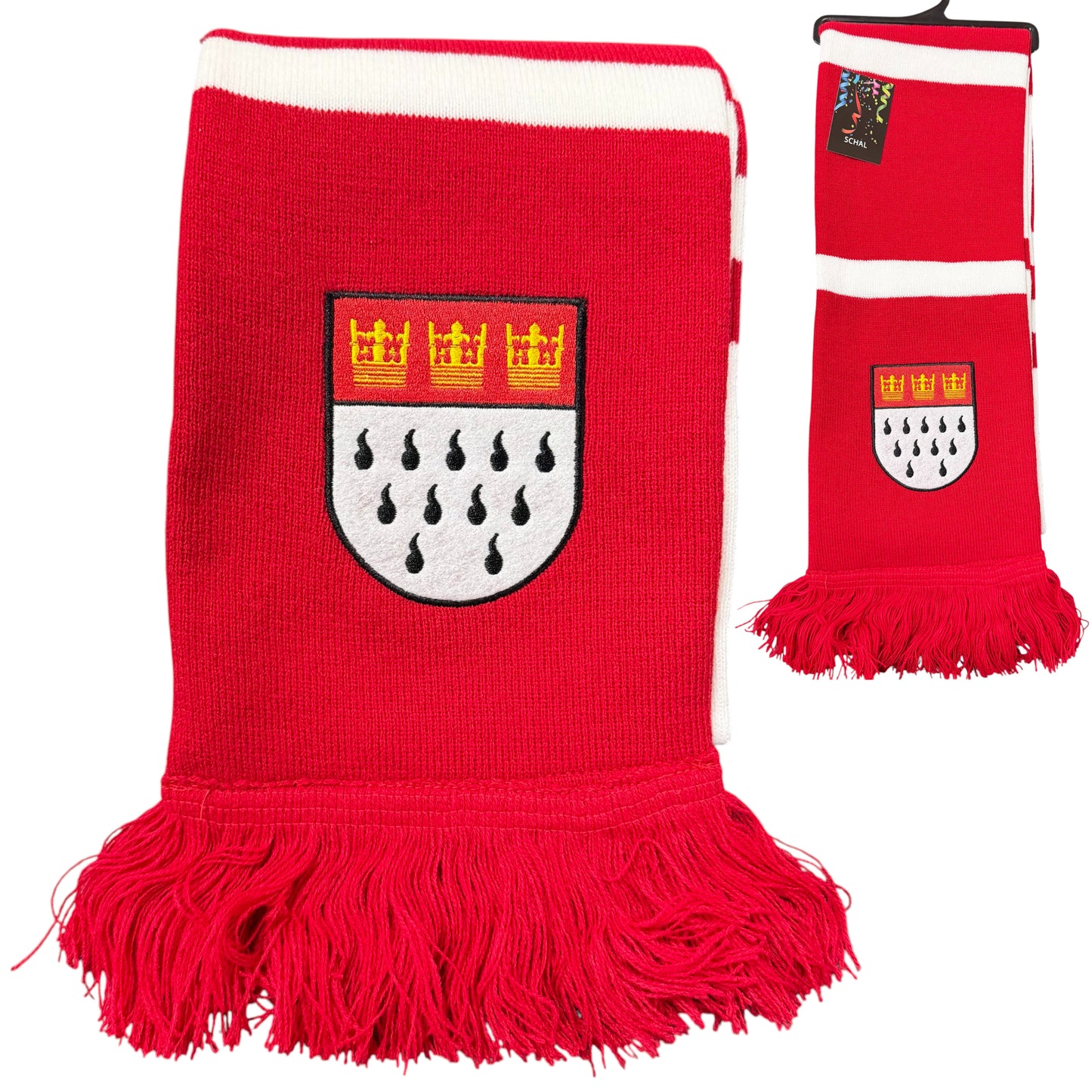 Rot-weißer Karnevalsschal mit Kölner Stadtwappen und Fransen