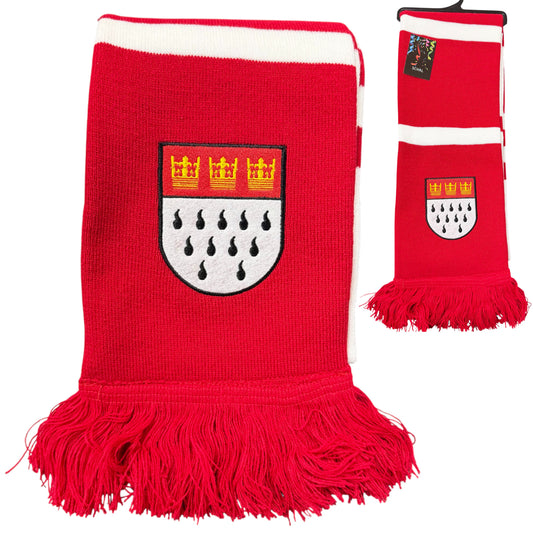 Rot-weißer Karnevalsschal mit Kölner Stadtwappen und Fransen