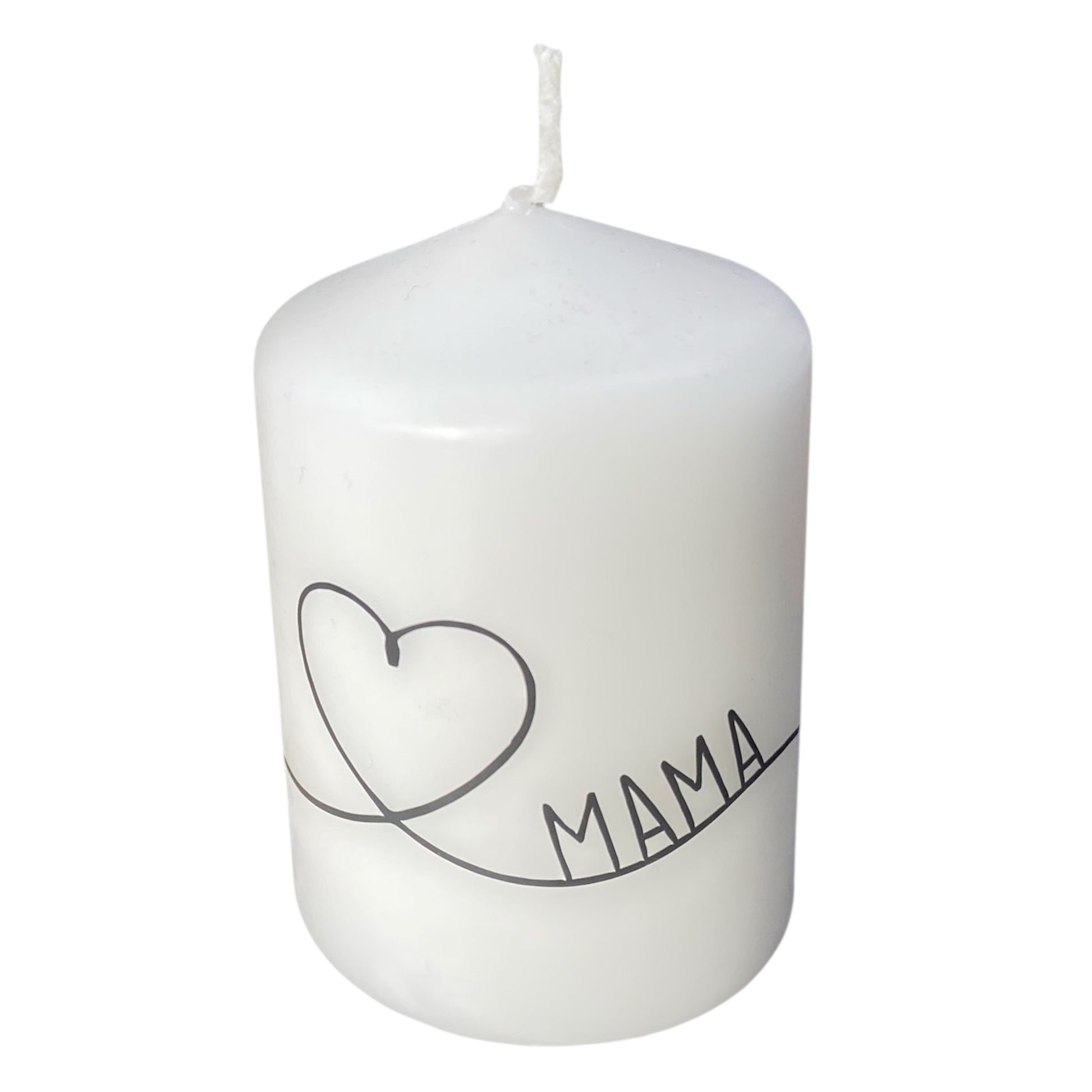 weiße Kerze mit Aufdruck Mama und geschungenem Herz