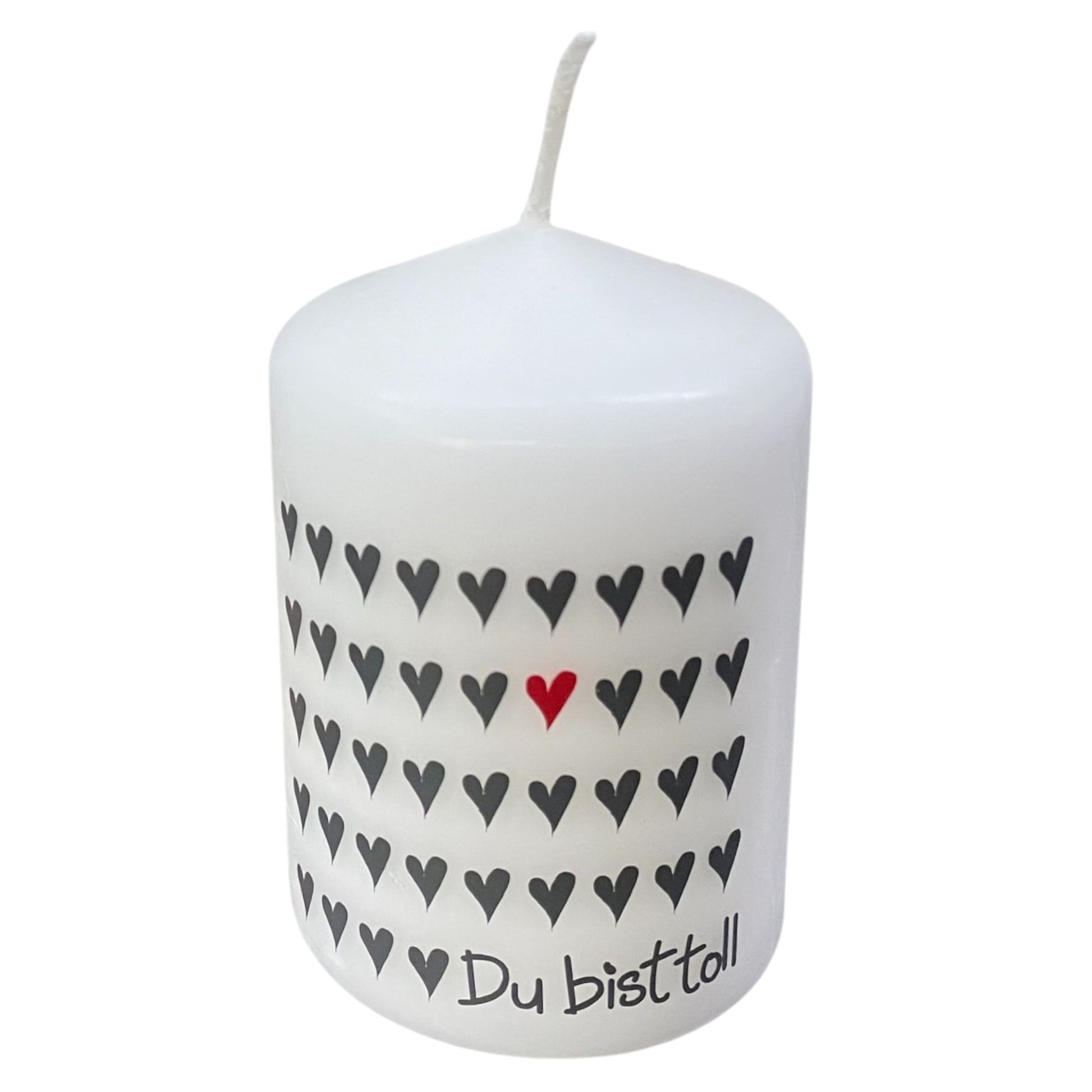 Weiße Stumpenkerze mit Spruch „Du bist toll“ & Herzmotiv