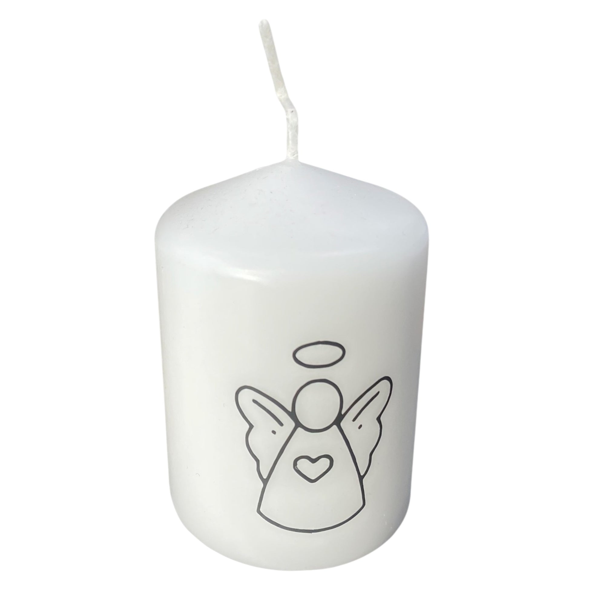 Weiße Kerze mit schwarzem Schutzengel-Motiv