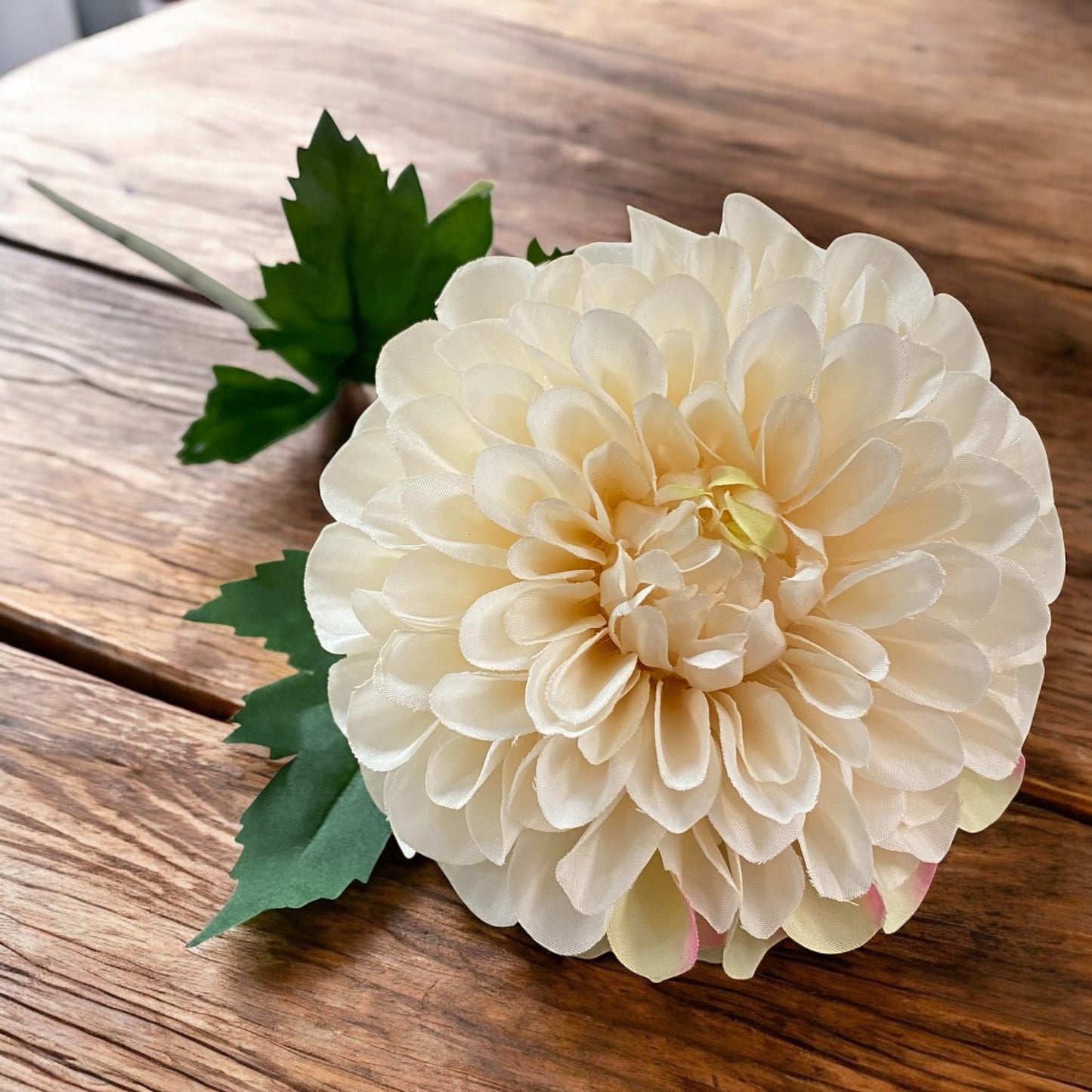 Eine künstliche Dahlienblüten in Creme mit grünem Blattwerk und Stiel im Ambiente