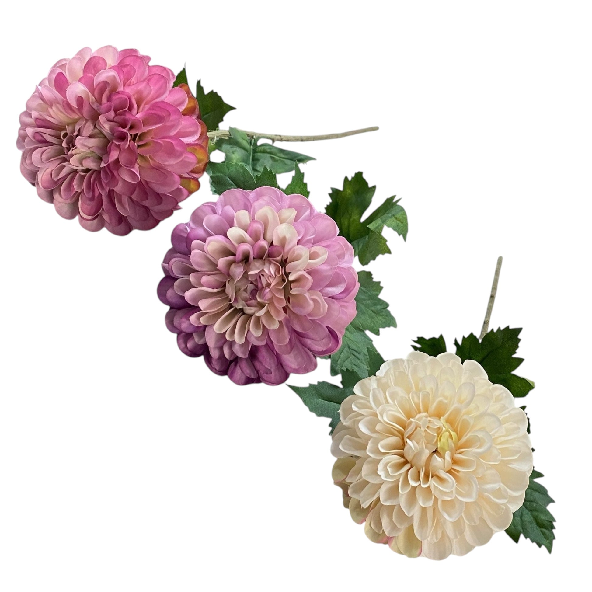 Drei künstliche Dahlienblüten in Rosa, Lila und Creme mit grünem Blattwerk und Stiel auf weißem Hintergrund