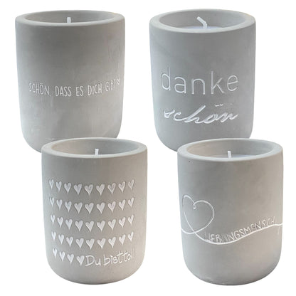 Vier Mea Living Kerzen mit Spruch in Betonoptik, 8 cm hoch, Varianten Dankeschön, Lieblingsmensch, Du bist toll, Schön dass es dich gibt