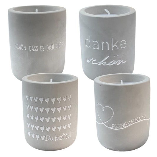 Vier Mea Living Kerzen mit Spruch in Betonoptik, 8 cm hoch, Varianten Dankeschön, Lieblingsmensch, Du bist toll, Schön dass es dich gibt