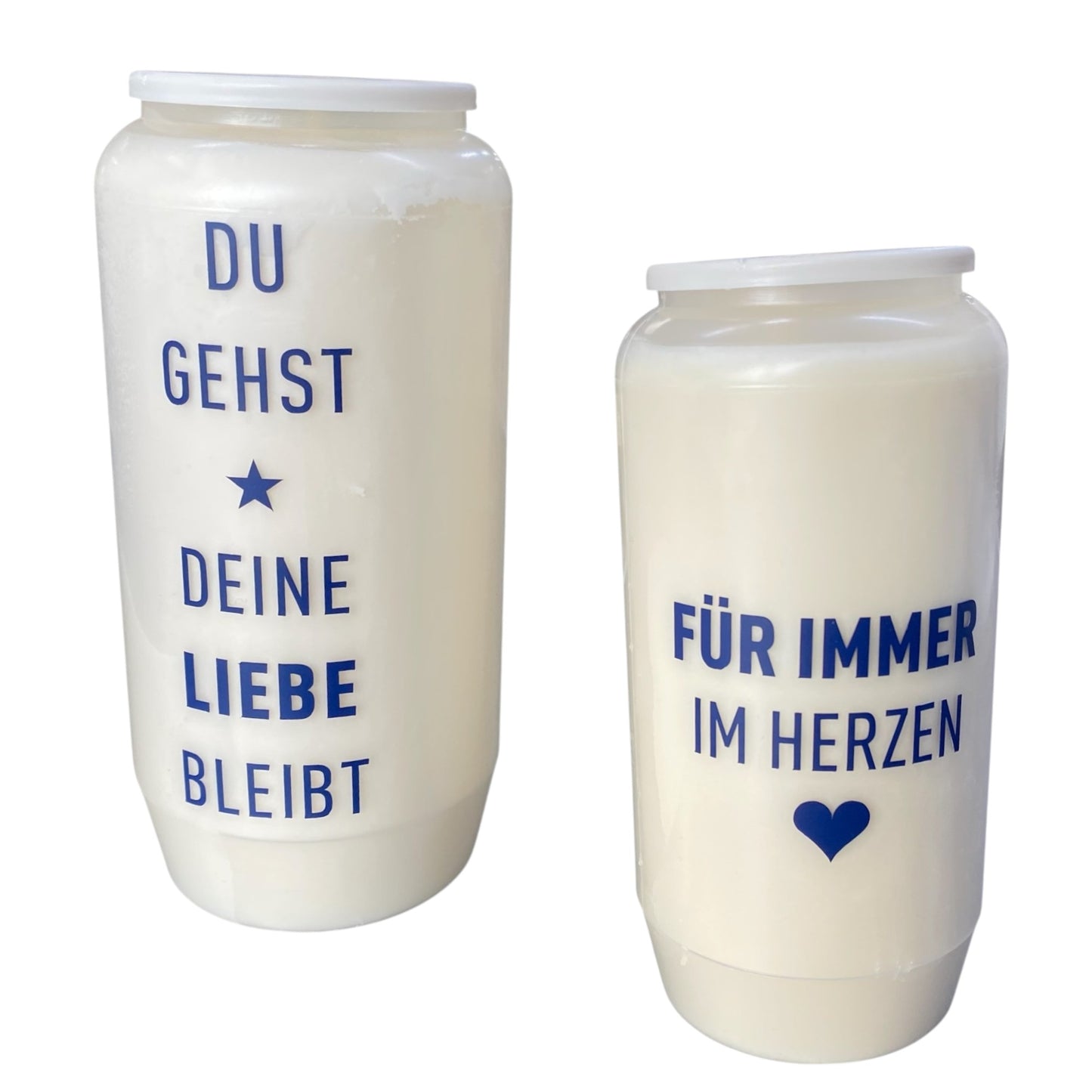 Grabkerze mit Spruch "Du gehst, deine Liebe bleibt" & "Für immer im Herzen"
