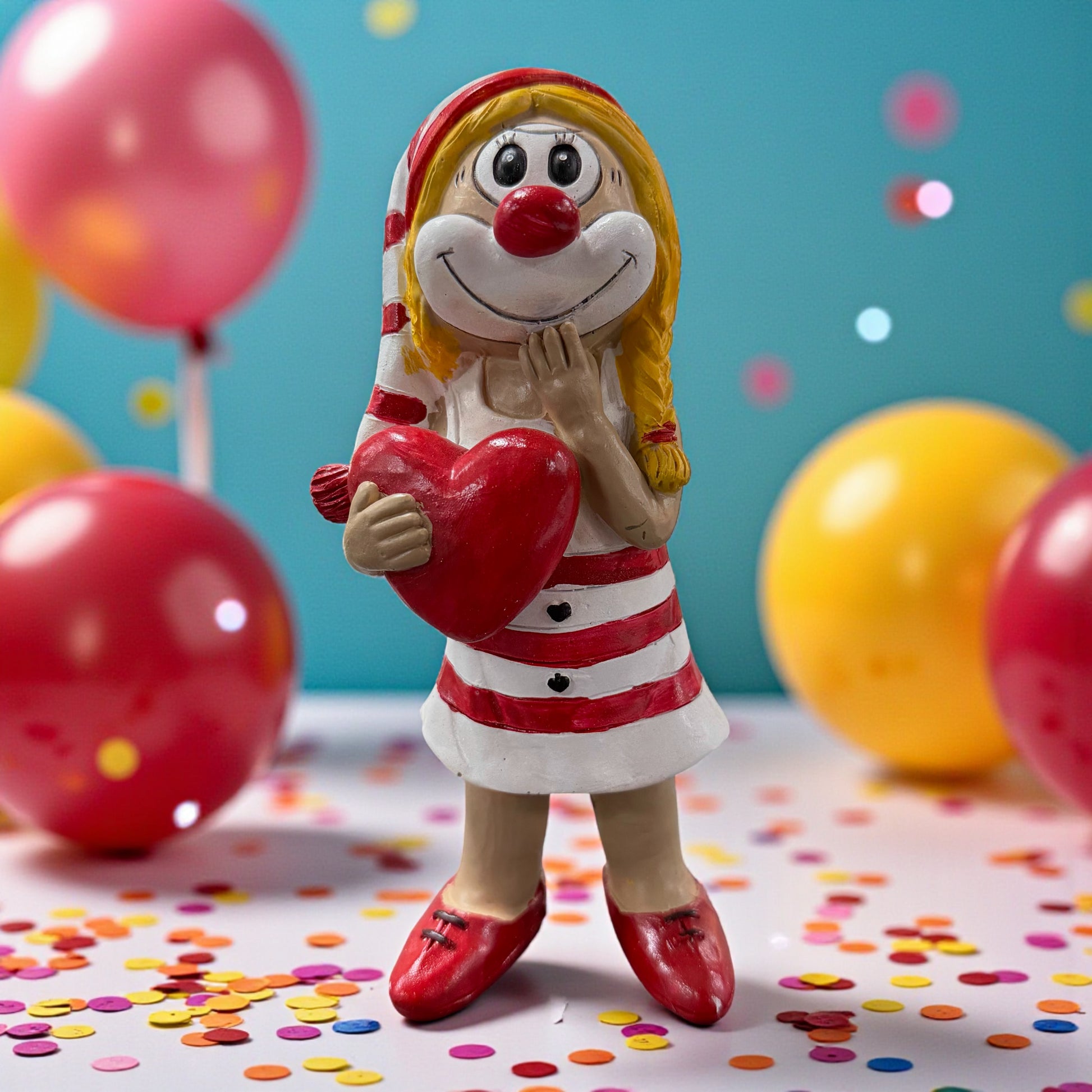 Große Clown-Dekofigur mit roter Nase in rot-weißem Outfit, ca. 20 cm groß, stehend dargestellt, ein rotes Herz haltend und eine Hand am Gesicht, auf einer Tischfläche mit Konfetti, im Hintergrund bunte Luftballons.