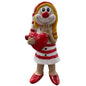 Große Clown-Dekofigur mit roter Nase in rot-weißem Outfit, ca. 20 cm groß, stehend dargestellt, ein rotes Herz vor dem Körper haltend und eine Hand am Gesicht, vor weißem Hintergrund.