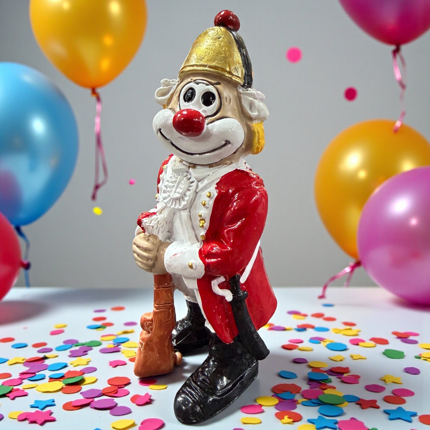 Clown-Figur mit roter Nase in roter Uniform und goldfarbenem Helm, hält ein Gewehr vor dem Körper, stehend auf einer Tischfläche mit Konfetti, im Hintergrund farbige Luftballons.