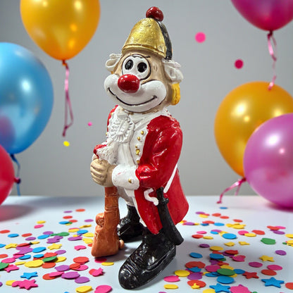 Clown-Figur mit roter Nase in roter Uniform und goldfarbenem Helm, hält ein Gewehr vor dem Körper, stehend auf einer Tischfläche mit Konfetti, im Hintergrund farbige Luftballons.