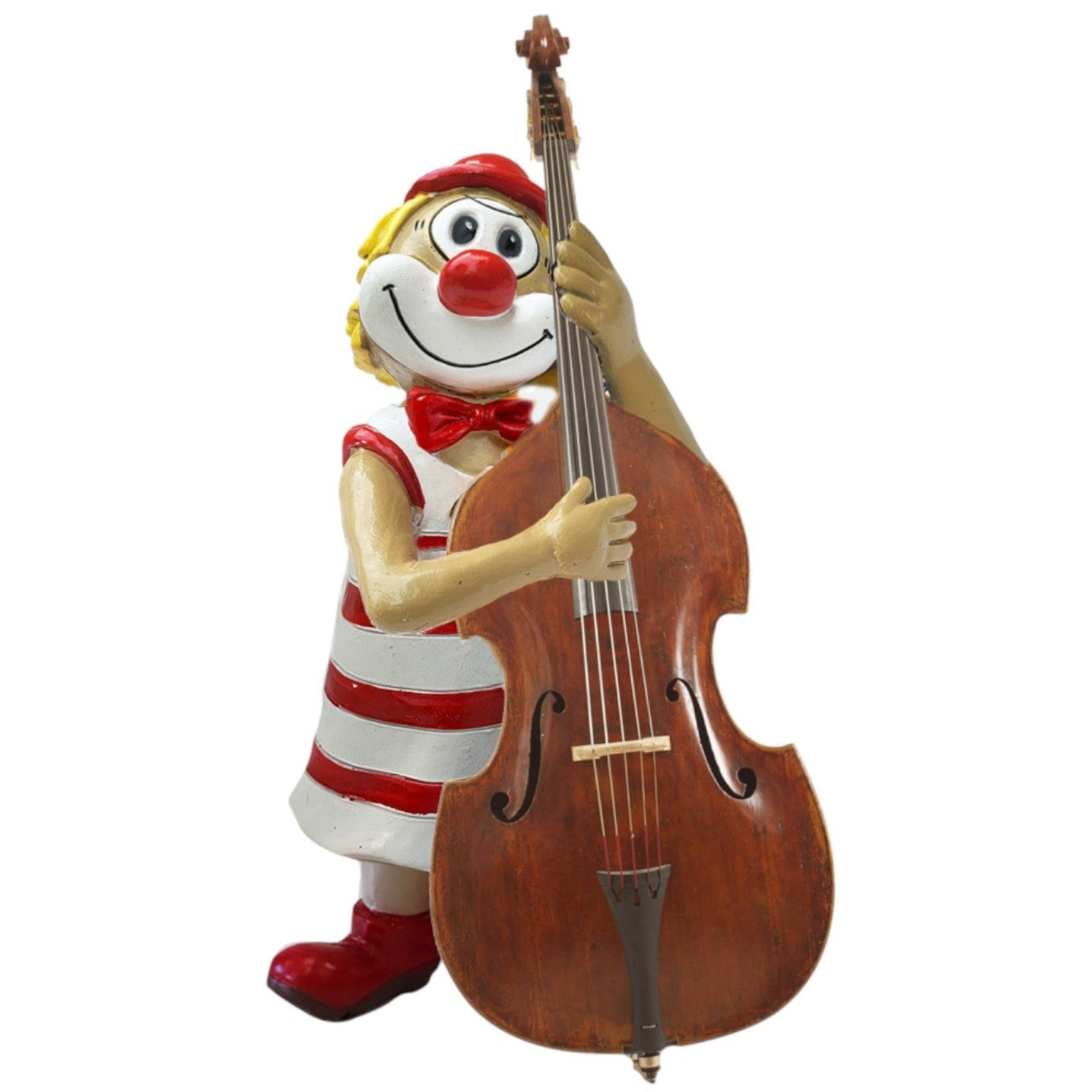 Schmitzens Deko Clown Figur in rot-weißer Kleidung mit Kontrabass freistehend vor weißem Hintergrund