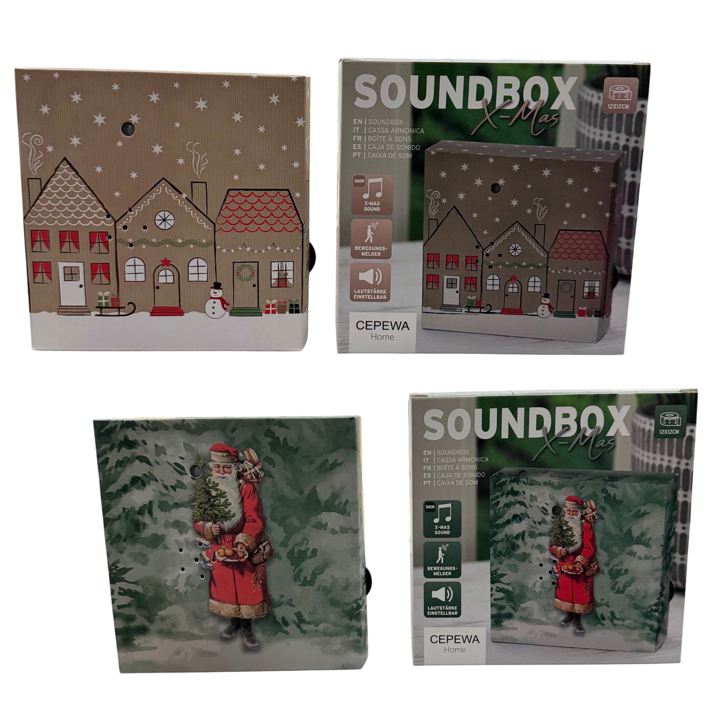 Zwei Varianten der weihnachtlichen Soundbox (Häusermotiv und Weihnachtsmann) sind zusammen mit ihren Verpackungen auf weißem Hintergrund dargestellt.