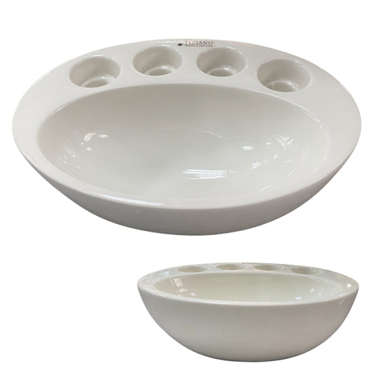 Ovale creme-weiße Keramik Adventsschale Tiziano Raveo mit 4 Öffnungen für Kerzen