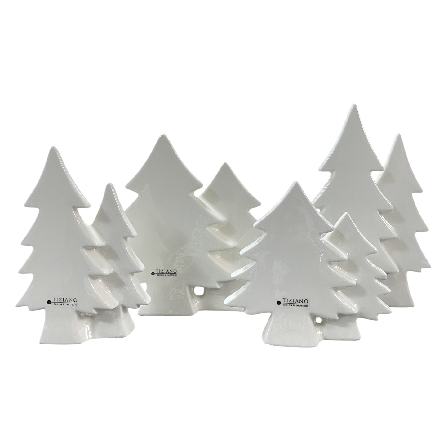 Mehrere creme-weiße Keramik Doppel-Tannenbäume in verschiedenen Größen von Tiziano