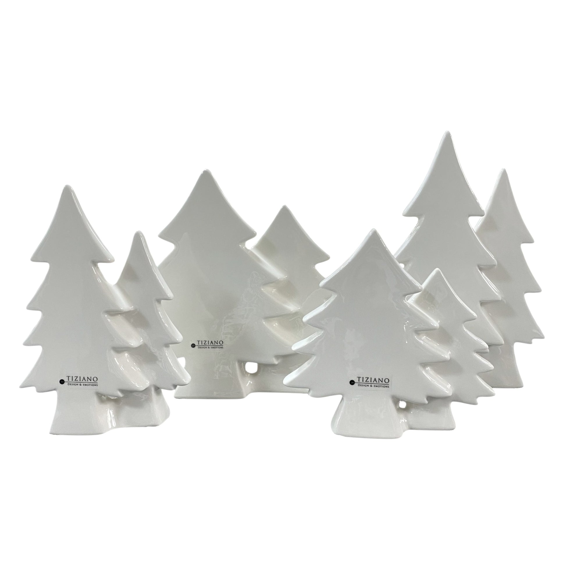 Mehrere creme-weiße Keramik Doppel-Tannenbäume in verschiedenen Größen von Tiziano