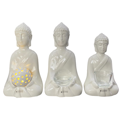 Drei creme-weiße Deko Buddha Figuren von Tiziano aus Keramik mit Glaseinsatz oder LED-Beleuchtung