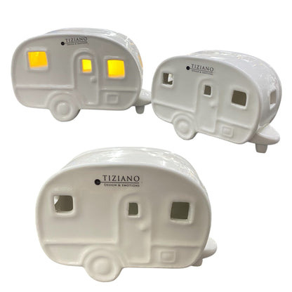 Drei Tiziano Deko Figur Caravan Wohnmobil Dekoration aus creme-weißer mit LED und Timer-Funktion