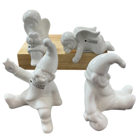 Tiziano Deko-Keramikfiguren Engel Laila und Santa Linus, weiße Kantensitzer im Mini-Format aus glänzender Keramik
