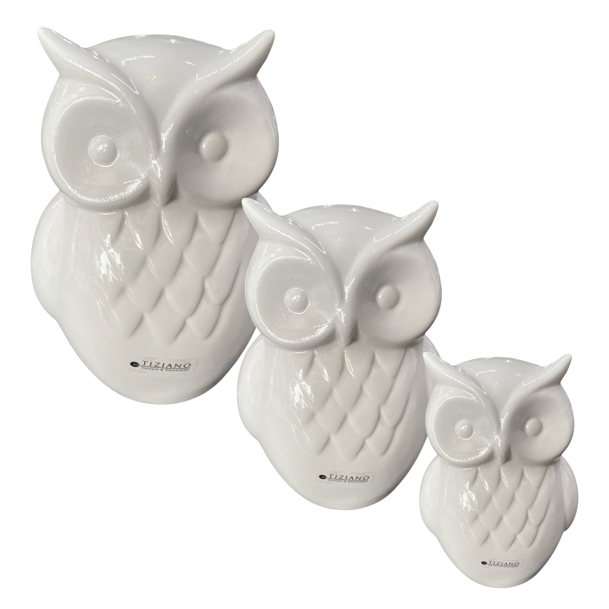Drei creme-weiße Keramik Eulen der Marke Tiziano aus creme-weißer Keramik
