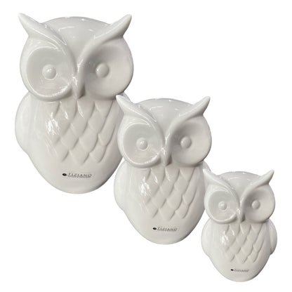 Drei creme-weiße Keramik Eulen der Marke Tiziano aus creme-weißer Keramik