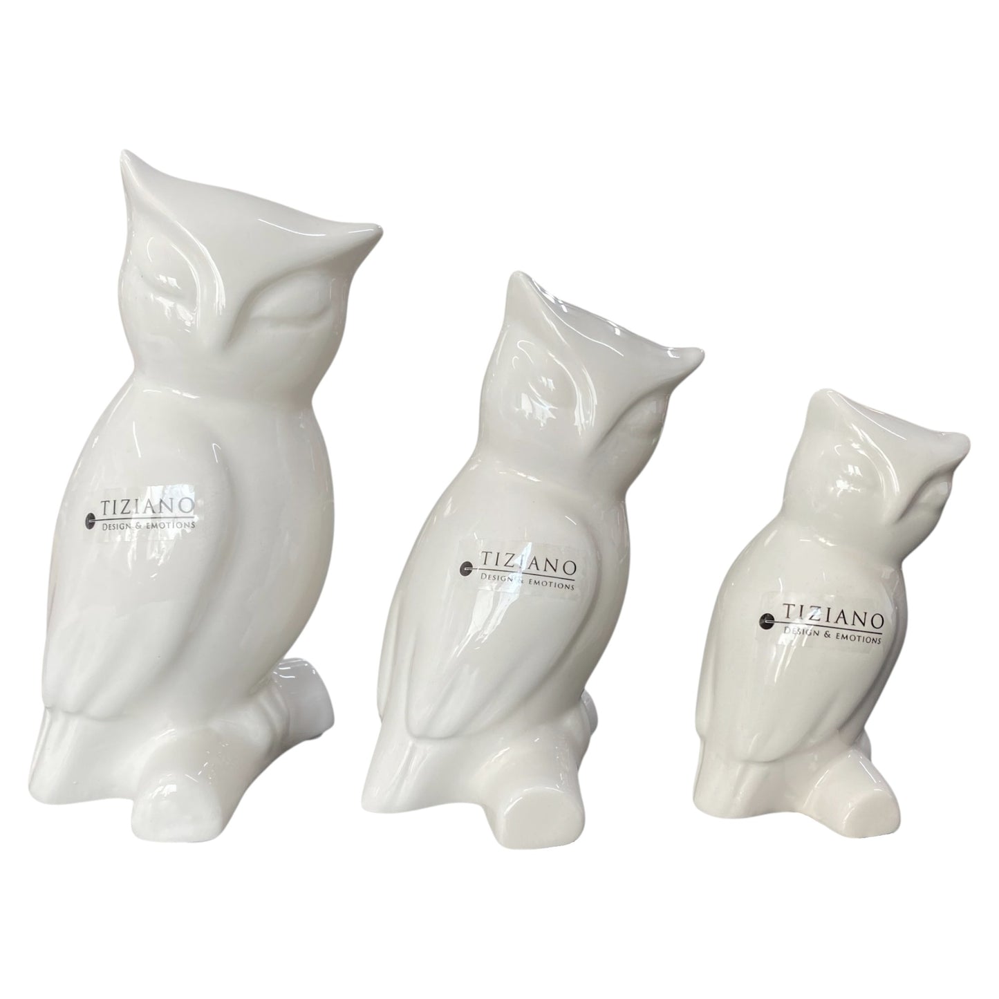 Drei moderne creme-weiße Keramik Eulen von Tiziano Bruneta in drei Größen