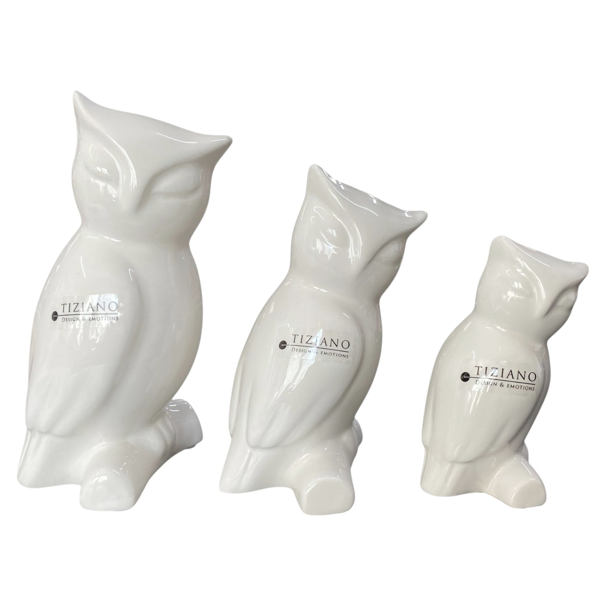 Drei moderne creme-weiße Keramik Eulen von Tiziano Bruneta in drei Größen